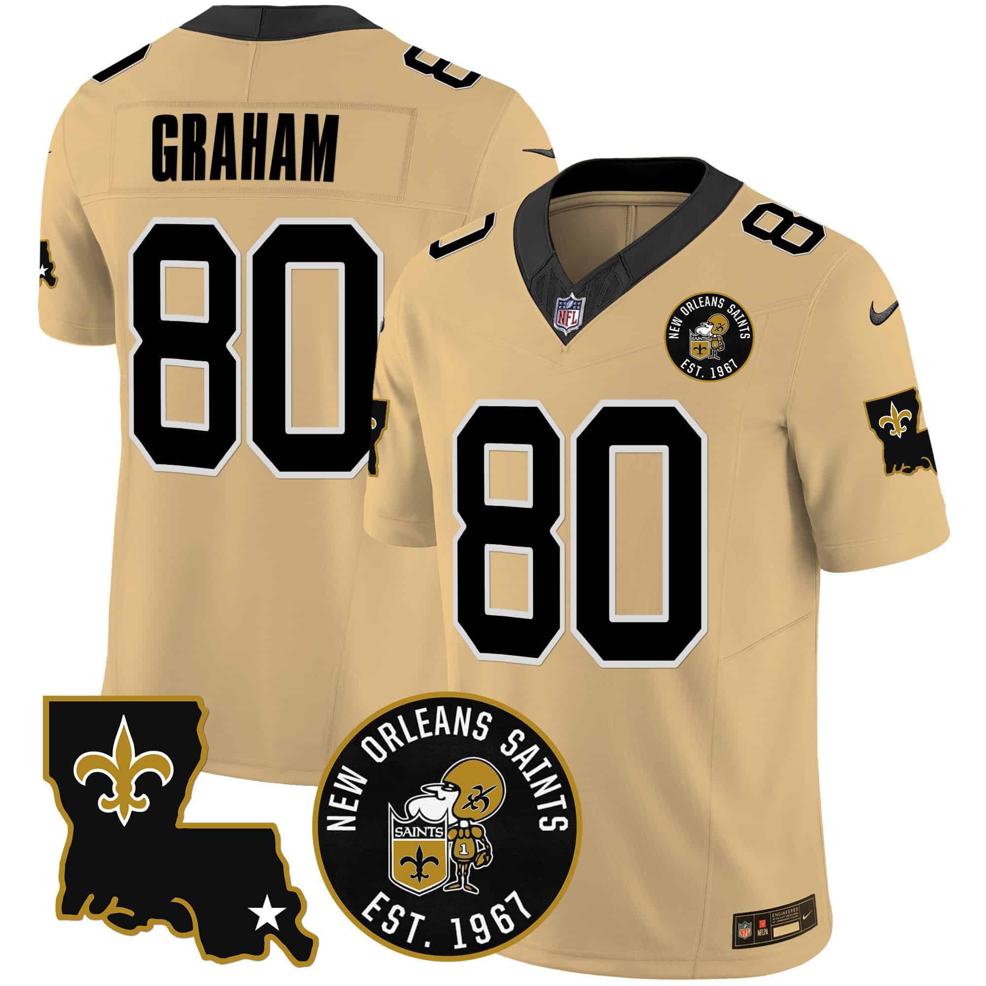 Men New Orleans Saints 80 Graham Yellow 2024 Nike 1967 Patch Vapor Limited NFL Jersey